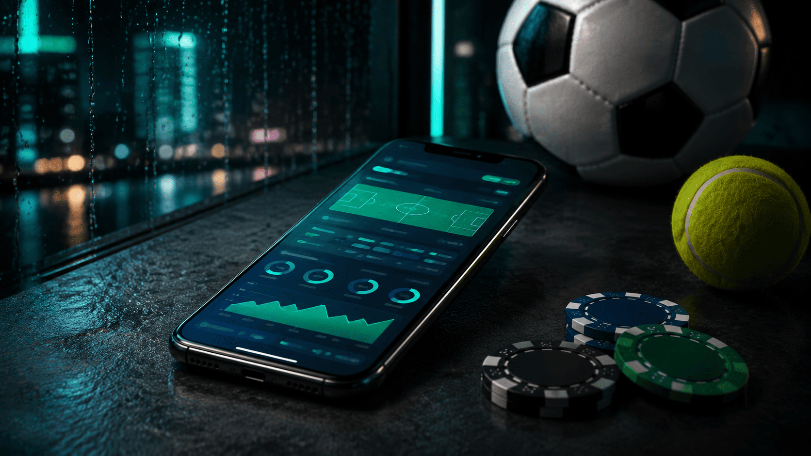 Smartphone showing a dark sports dashboard beside a football, tennis ball and casino chips