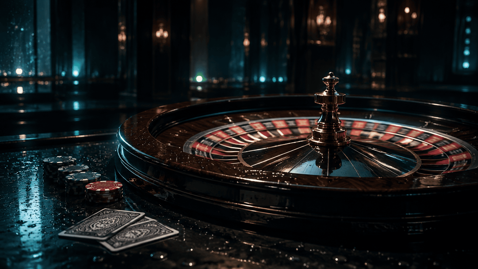 Polished roulette wheel with gold spindle, cards and chips on a dark reflective table