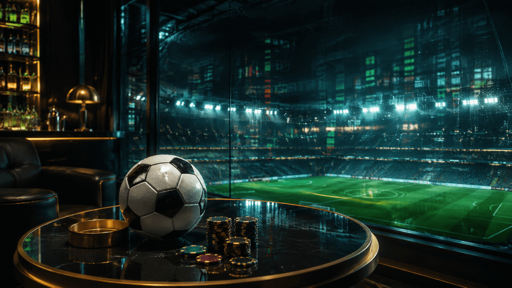 Night-time stadium view from a dark lounge table with a football and stacked chips